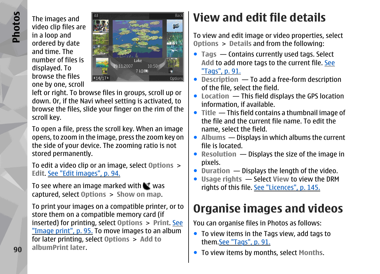 View and edit file details, Organise images and videos, Ph ot os | Nokia 002F4W8 User Manual | Page 90 / 195