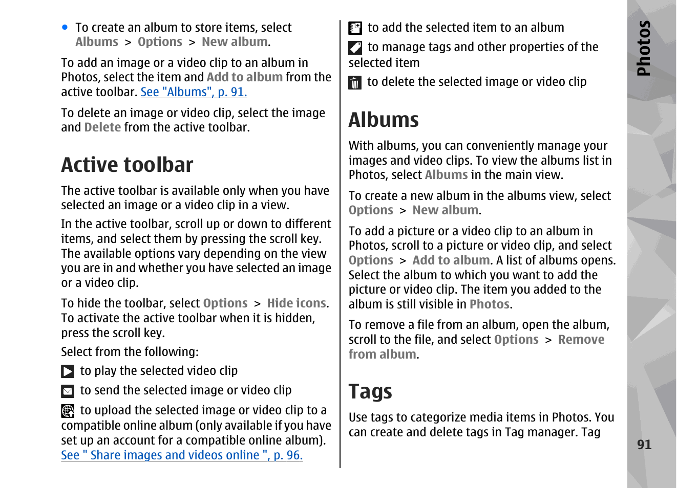 Active toolbar, Albums, Tags | See "active, Toolbar", p. 91, Tags", p. 91, See "tags", p. 91, Ph ot os | Nokia 002F4W8 User Manual | Page 91 / 195