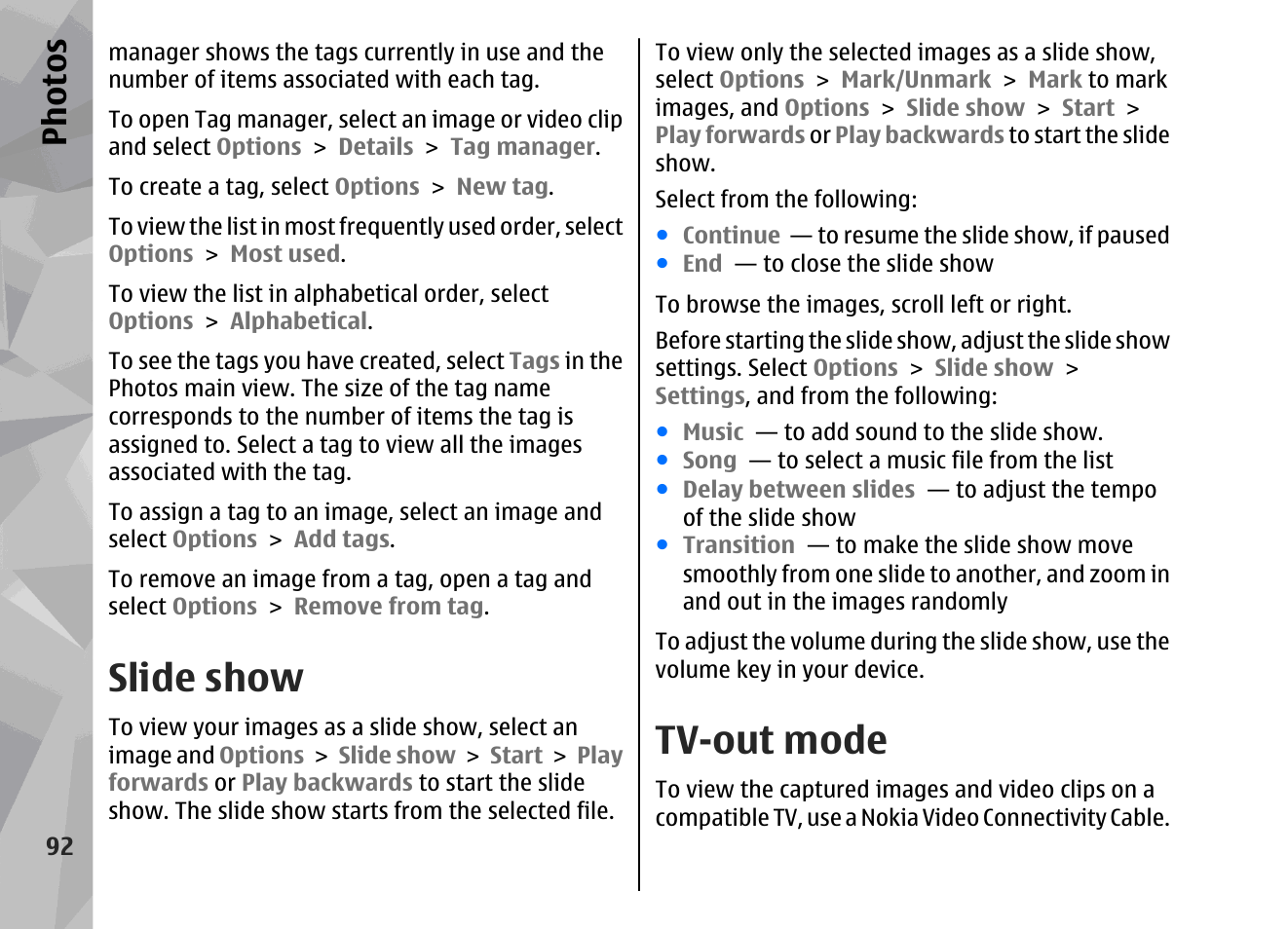 Slide show, Tv-out mode, Ph ot os | Nokia 002F4W8 User Manual | Page 92 / 195