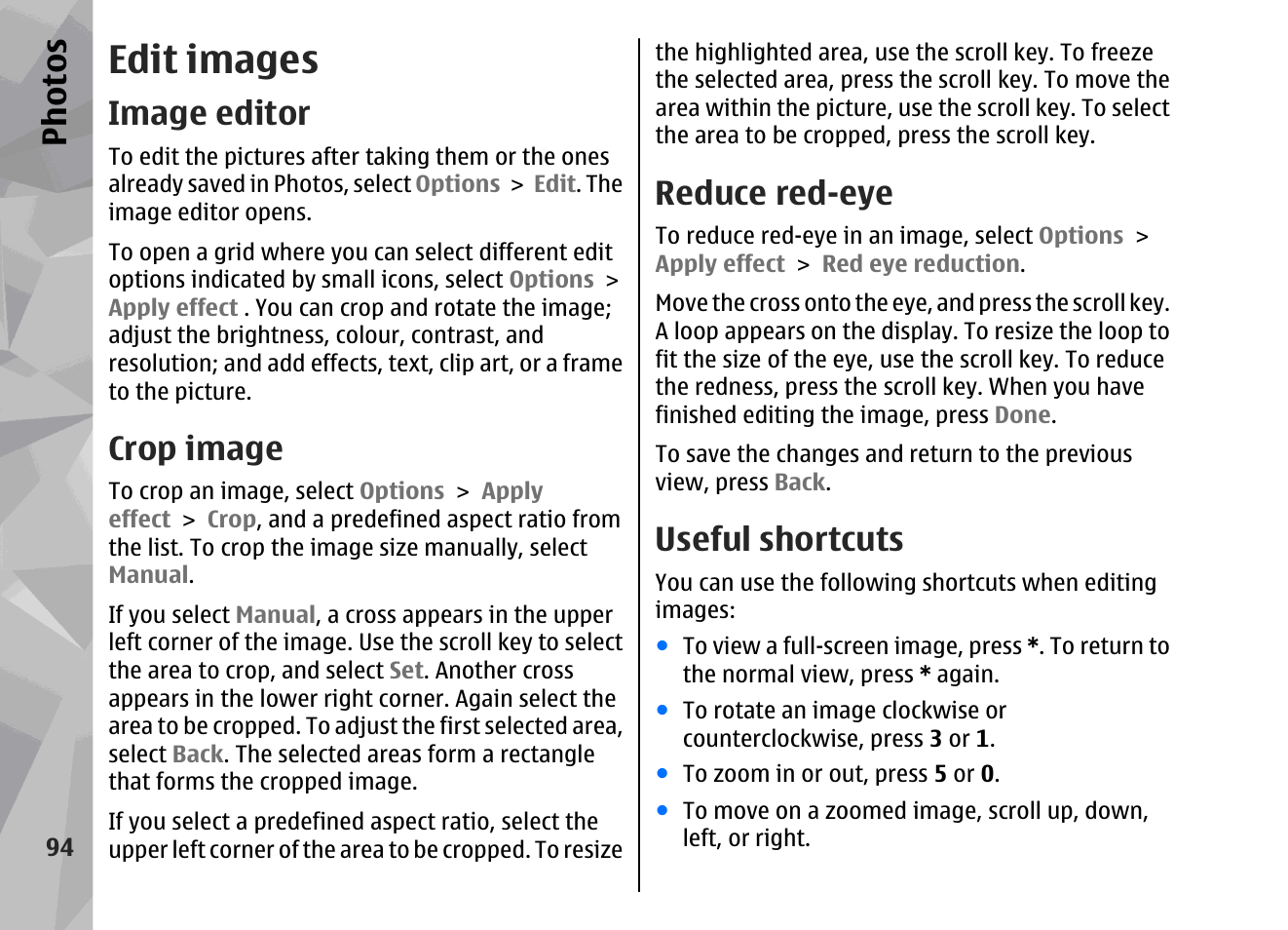 Edit images, Image editor, Crop image | Reduce red-eye, Useful shortcuts, See "edit images", p. 94, Ph ot os | Nokia 002F4W8 User Manual | Page 94 / 195