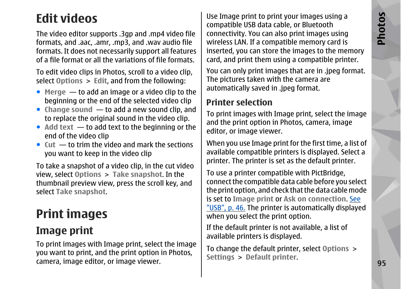 Edit videos, Print images, Image print | Printer selection, Image print", p. 95, Ph ot os | Nokia 002F4W8 User Manual | Page 95 / 195