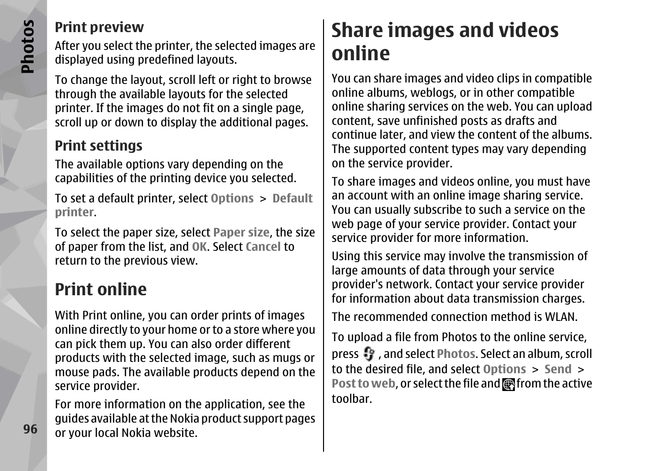 Print preview, Print settings, Print online | Share images and videos online, Share images and videos online ", p. 96, See " share images and, Videos online ", p. 96, Ph ot os | Nokia 002F4W8 User Manual | Page 96 / 195