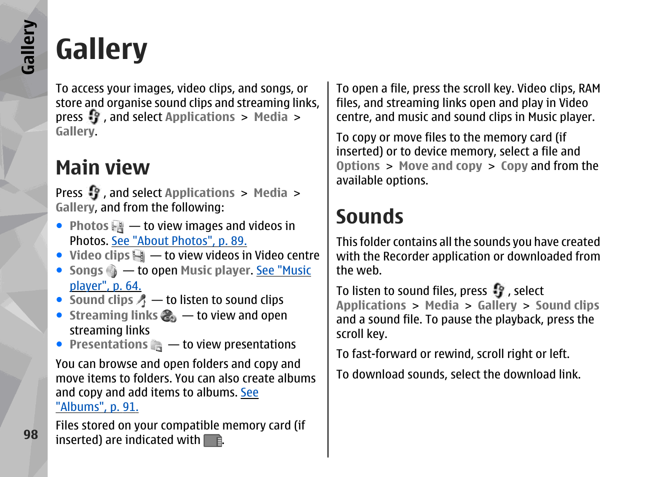 Gallery, Main view, Sounds | Nokia 002F4W8 User Manual | Page 98 / 195