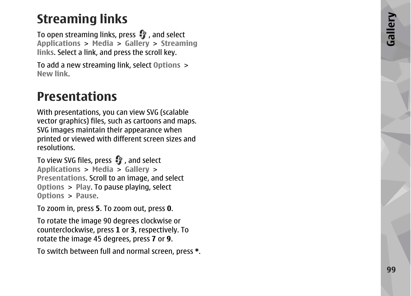 Streaming links, Presentations, Gallery | Nokia 002F4W8 User Manual | Page 99 / 195