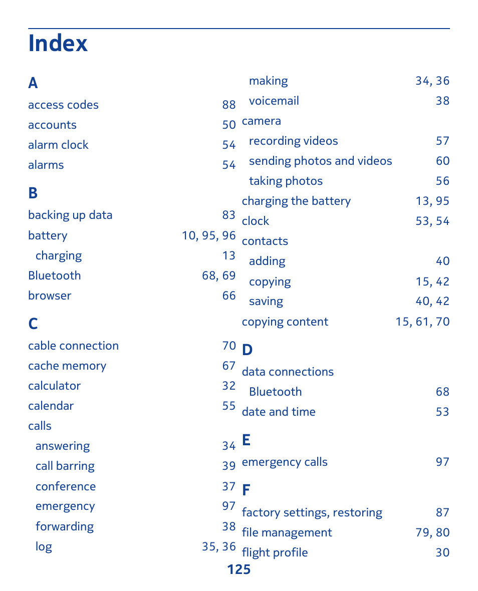 Index | Nokia 308 User Manual | Page 125 / 128
