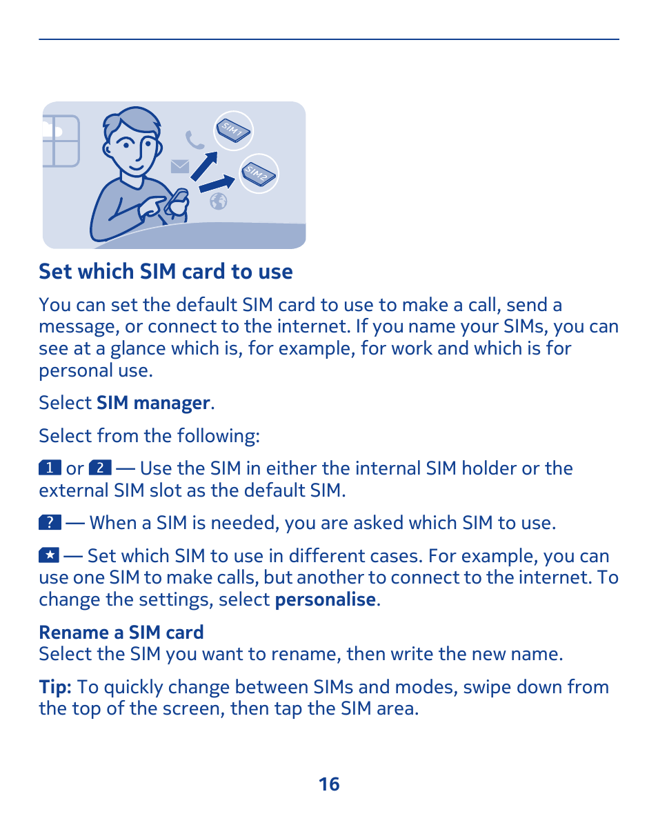 Set which sim card to use | Nokia 308 User Manual | Page 16 / 128