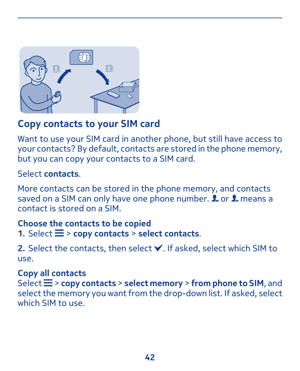 Copy contacts to your sim card | Nokia 308 User Manual | Page 42 / 128