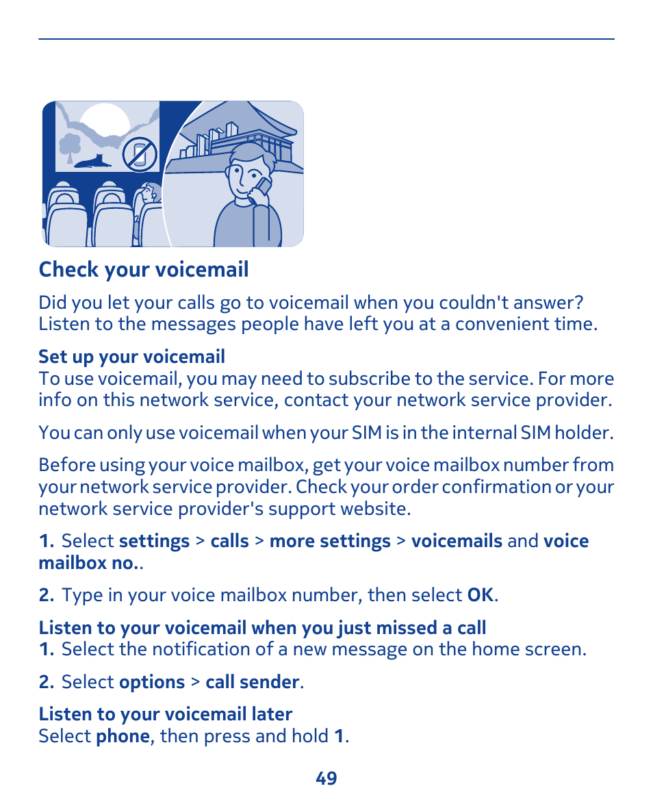 Check your voicemail | Nokia 308 User Manual | Page 49 / 128