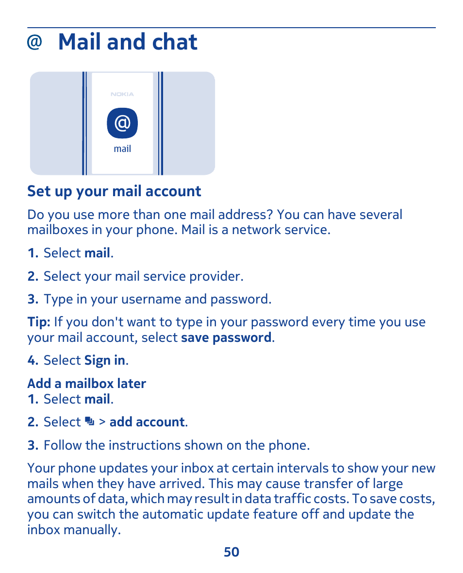 Mail and chat, Set up your mail account | Nokia 308 User Manual | Page 50 / 128