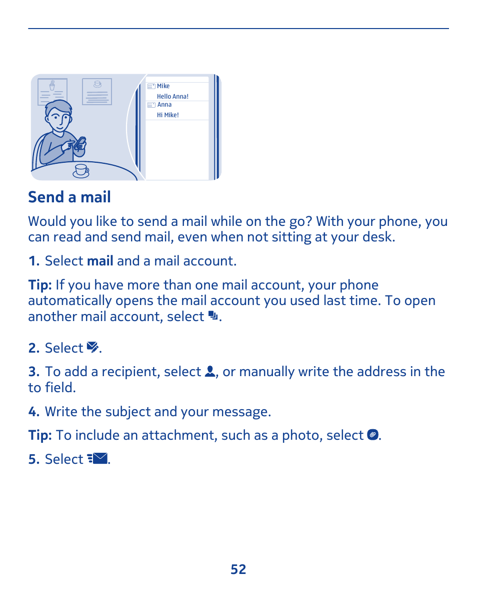 Send a mail | Nokia 308 User Manual | Page 52 / 128