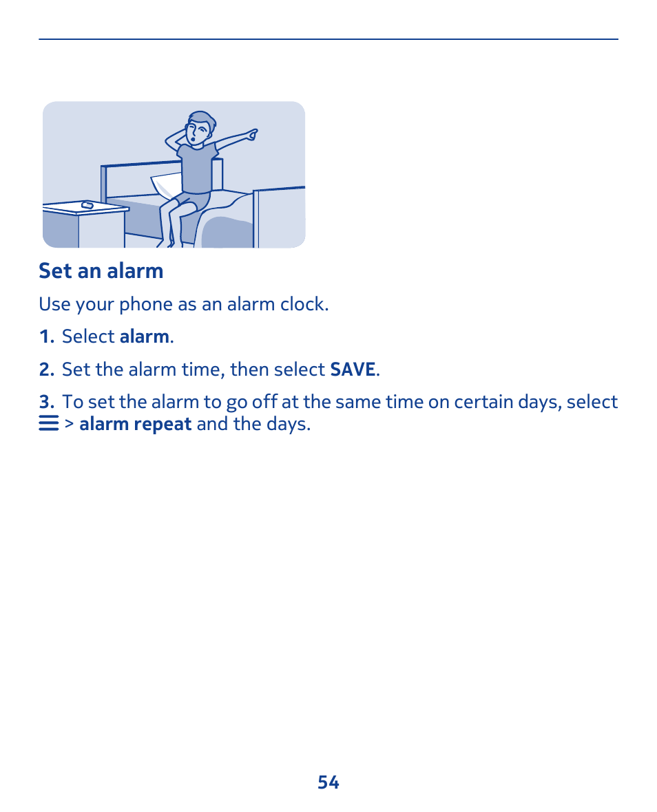 Set an alarm | Nokia 308 User Manual | Page 54 / 128
