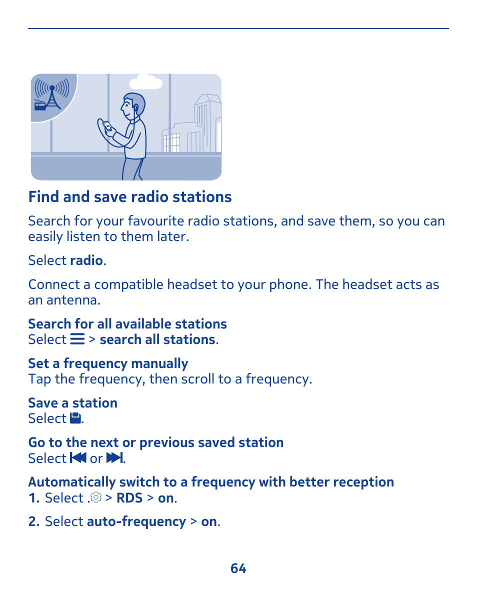 Find and save radio stations | Nokia 308 User Manual | Page 64 / 128