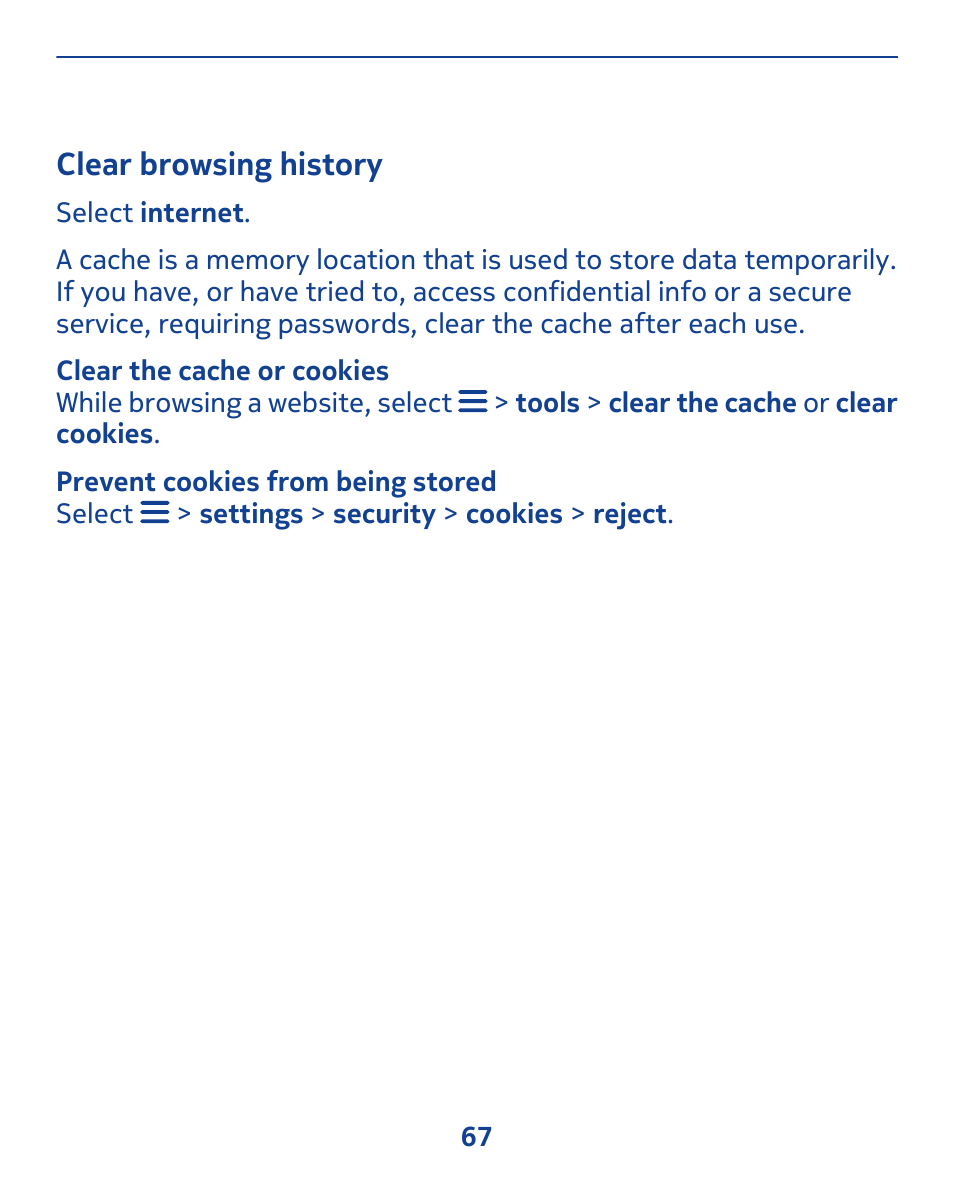 Clear browsing history | Nokia 308 User Manual | Page 67 / 128