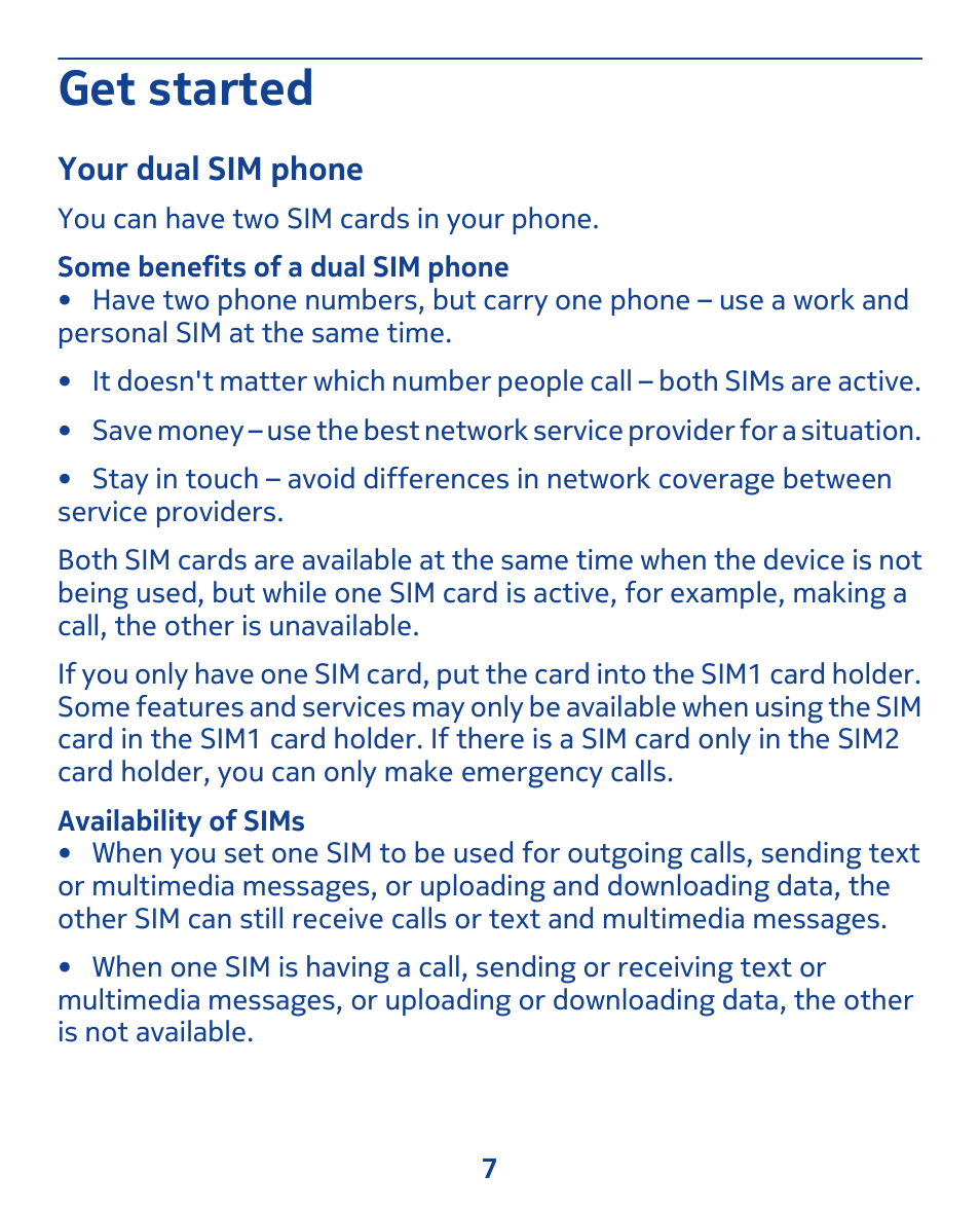 Get started, Your dual sim phone | Nokia 308 User Manual | Page 7 / 128