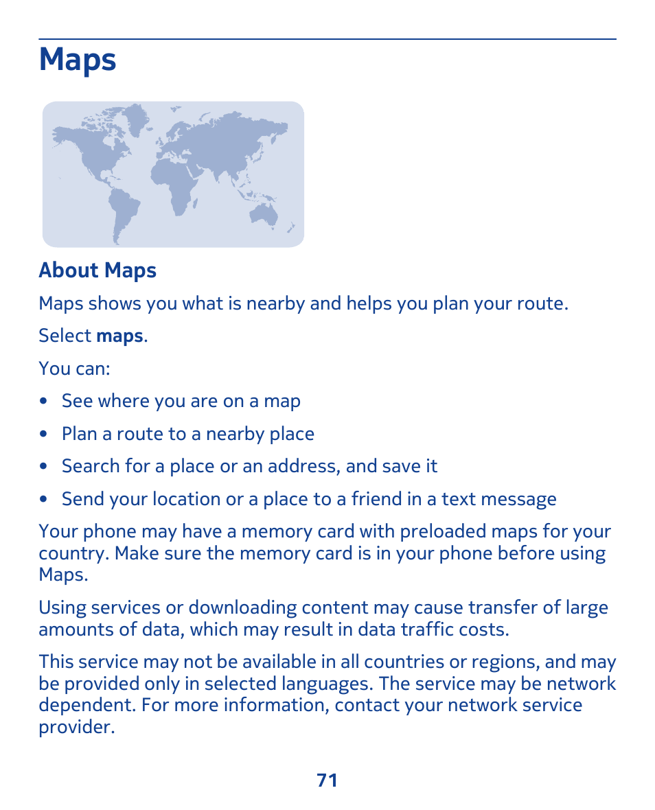 Maps, About maps | Nokia 308 User Manual | Page 71 / 128