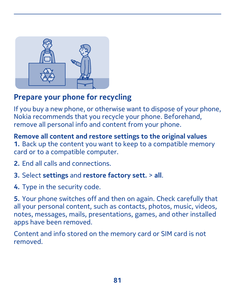 Prepare your phone for recycling | Nokia 308 User Manual | Page 81 / 128