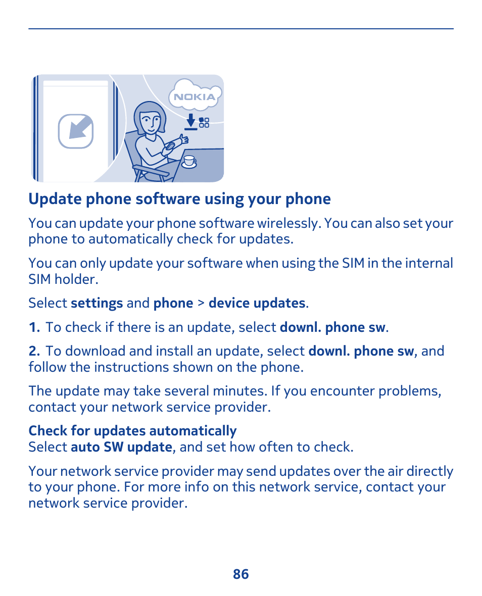 Update phone software using your phone | Nokia 308 User Manual | Page 86 / 128