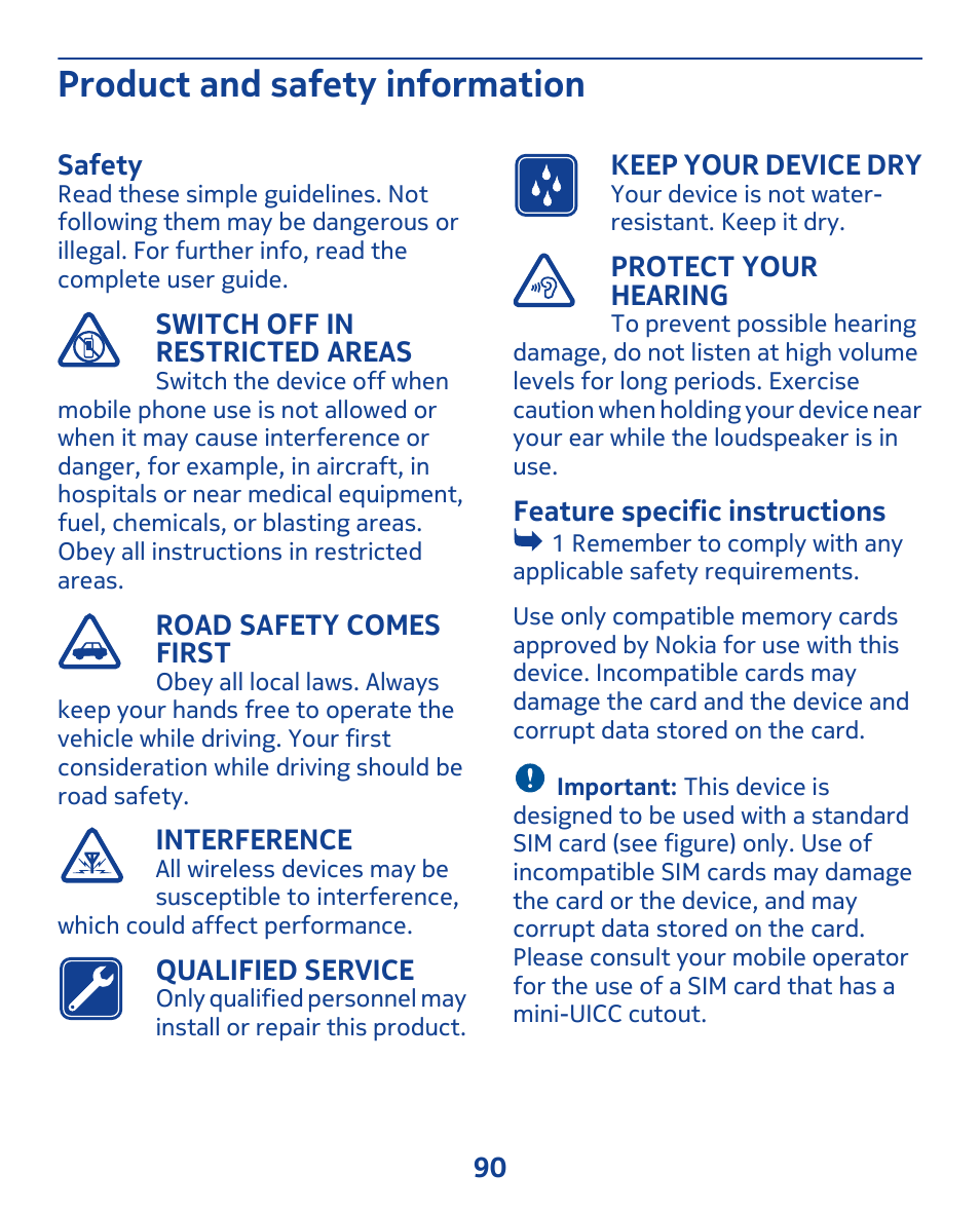 Product and safety information, Safety | Nokia 308 User Manual | Page 90 / 128
