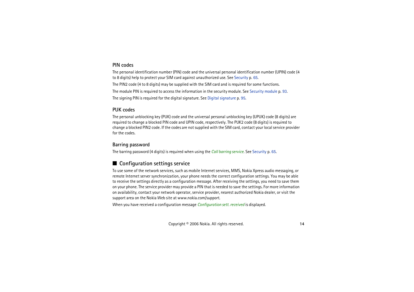 Pin codes, Puk codes, Barring password | Configuration settings service | Nokia 5070 User Manual | Page 14 / 112