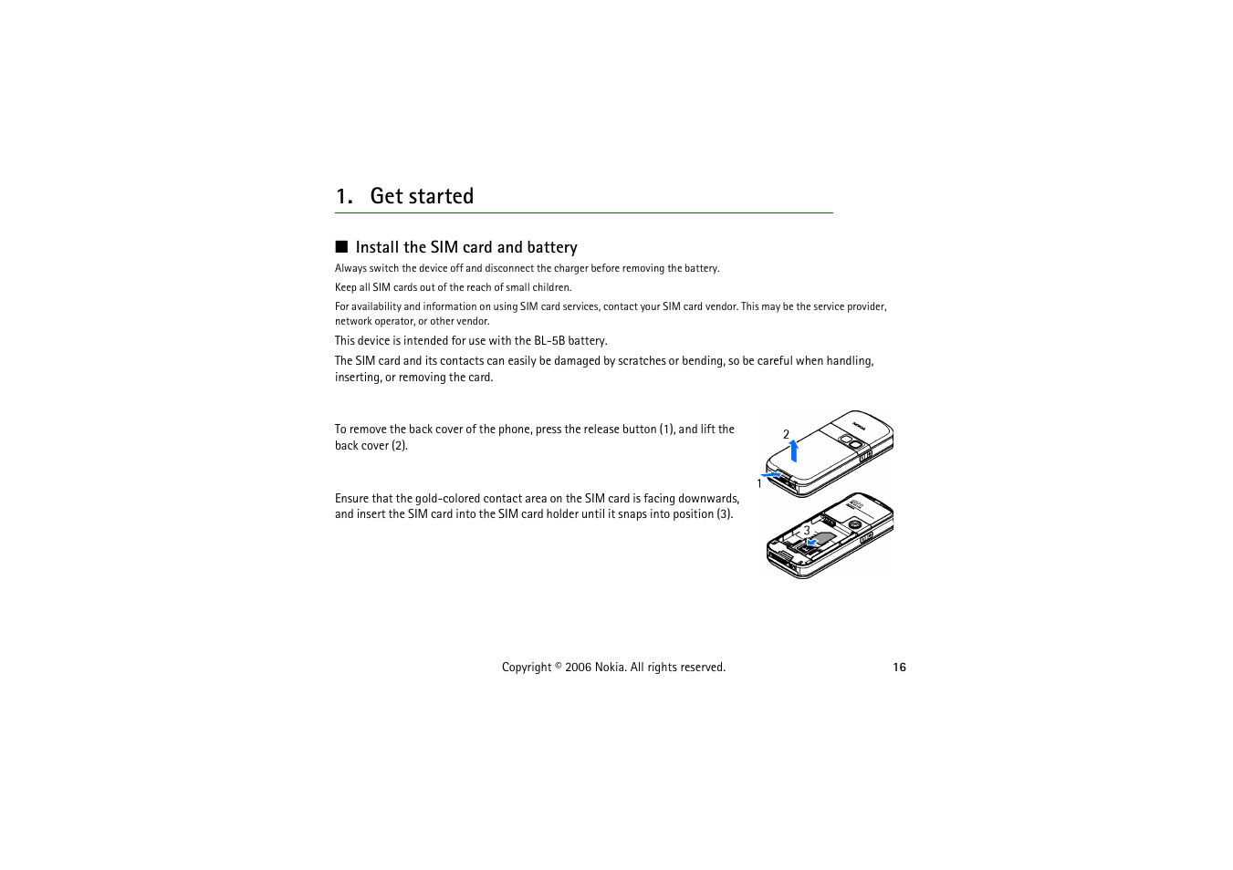 Get started, Install the sim card and battery | Nokia 5070 User Manual | Page 16 / 112