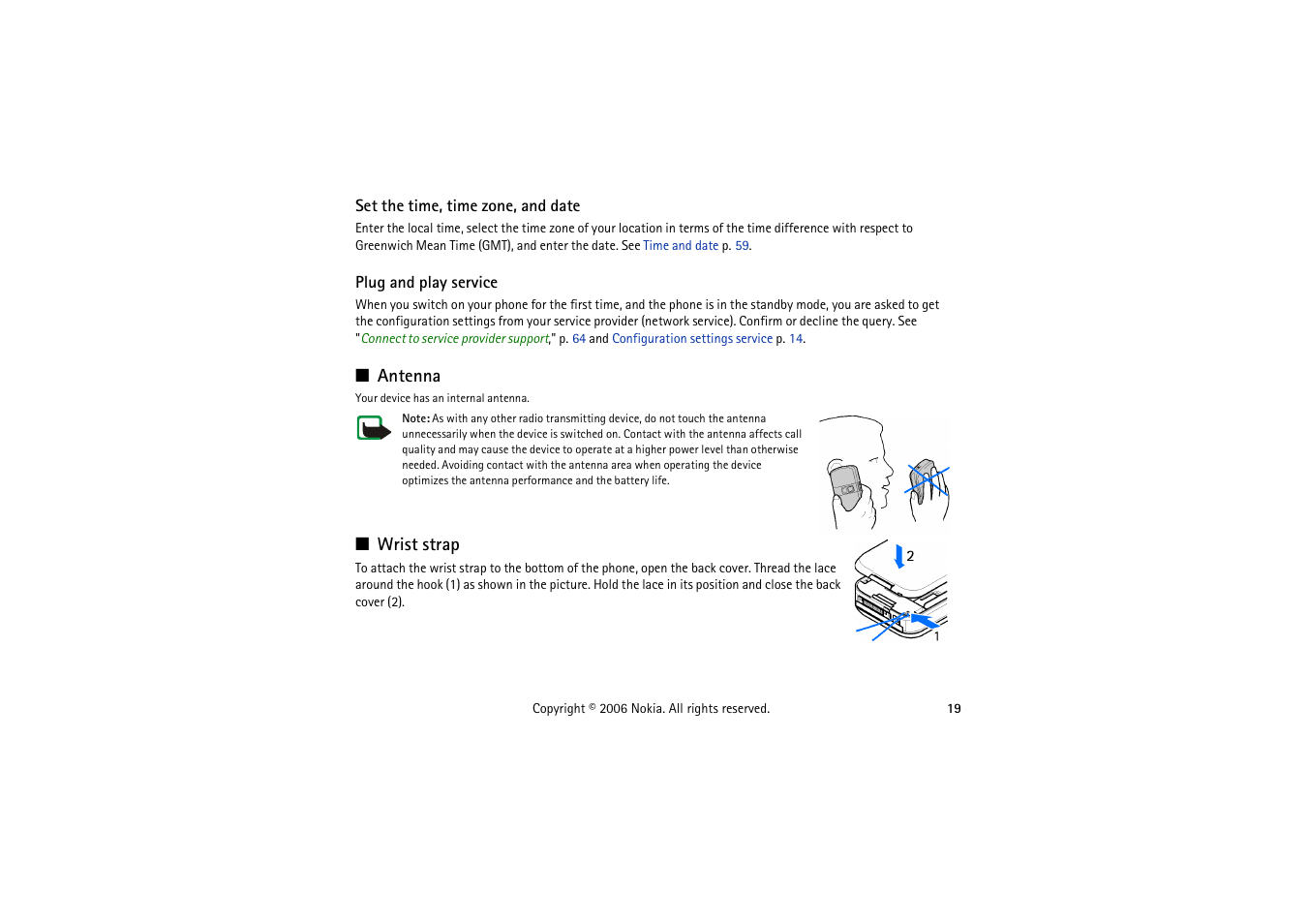 Set the time, time zone, and date, Plug and play service, Antenna | Wrist strap, Antenna wrist strap | Nokia 5070 User Manual | Page 19 / 112