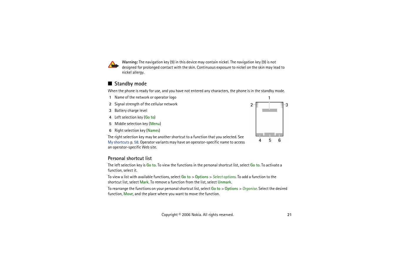 Standby mode, Personal shortcut list | Nokia 5070 User Manual | Page 21 / 112