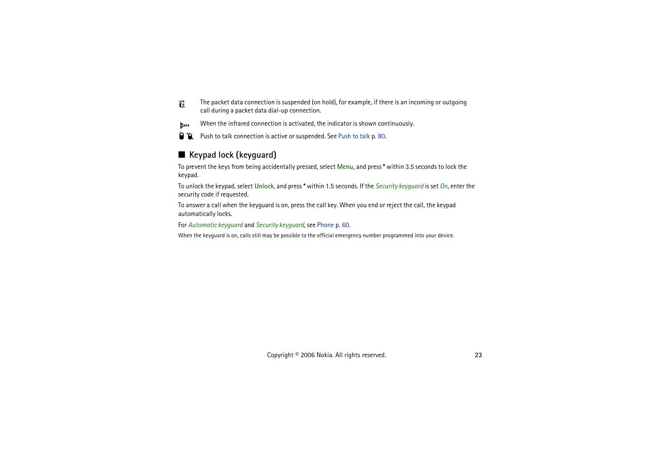 Keypad lock (keyguard) | Nokia 5070 User Manual | Page 23 / 112