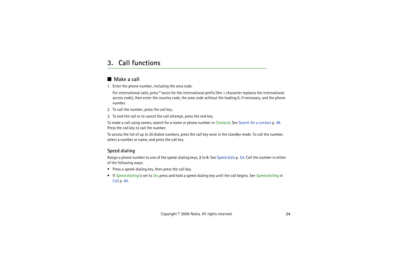 Call functions, Make a call, Speed dialing | Nokia 5070 User Manual | Page 24 / 112