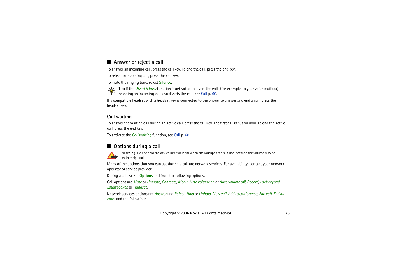 Answer or reject a call, Call waiting, Options during a call | Answer or reject a call options during a call | Nokia 5070 User Manual | Page 25 / 112