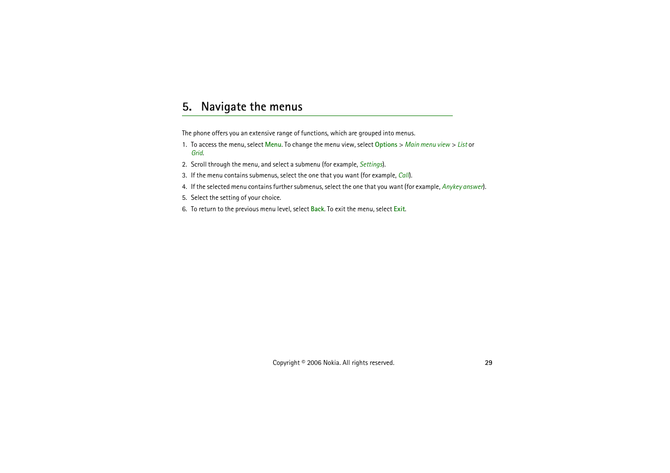 Navigate the menus | Nokia 5070 User Manual | Page 29 / 112