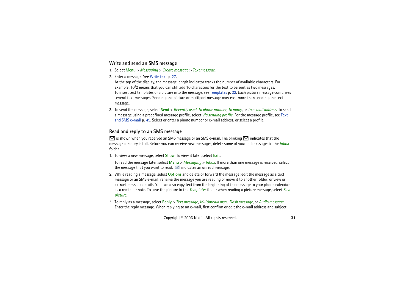 Write and send an sms message, Read and reply to an sms message | Nokia 5070 User Manual | Page 31 / 112