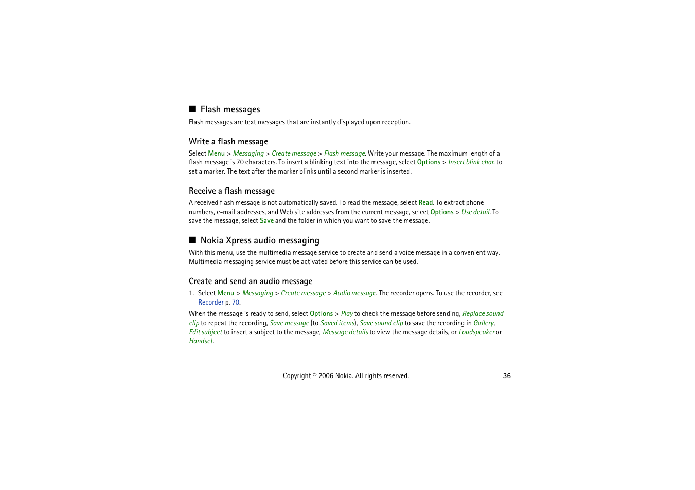 Flash messages, Write a flash message, Receive a flash message | Nokia xpress audio messaging, Create and send an audio message, Flash messages nokia xpress audio messaging | Nokia 5070 User Manual | Page 36 / 112