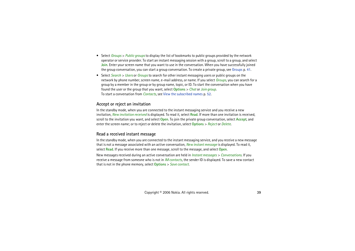 Accept or reject an invitation, Read a received instant message | Nokia 5070 User Manual | Page 39 / 112