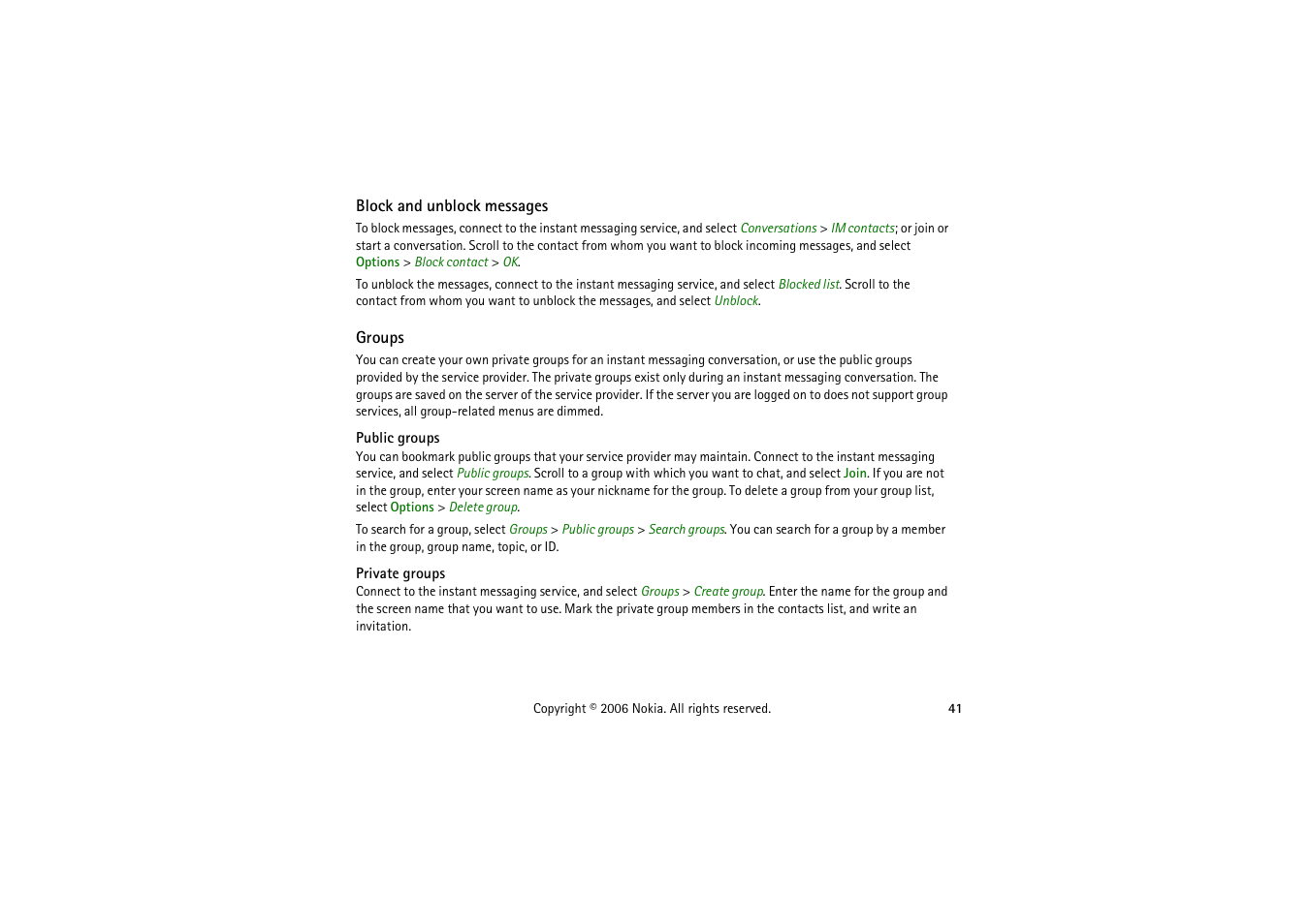 Block and unblock messages, Groups, Public groups | Private groups | Nokia 5070 User Manual | Page 41 / 112