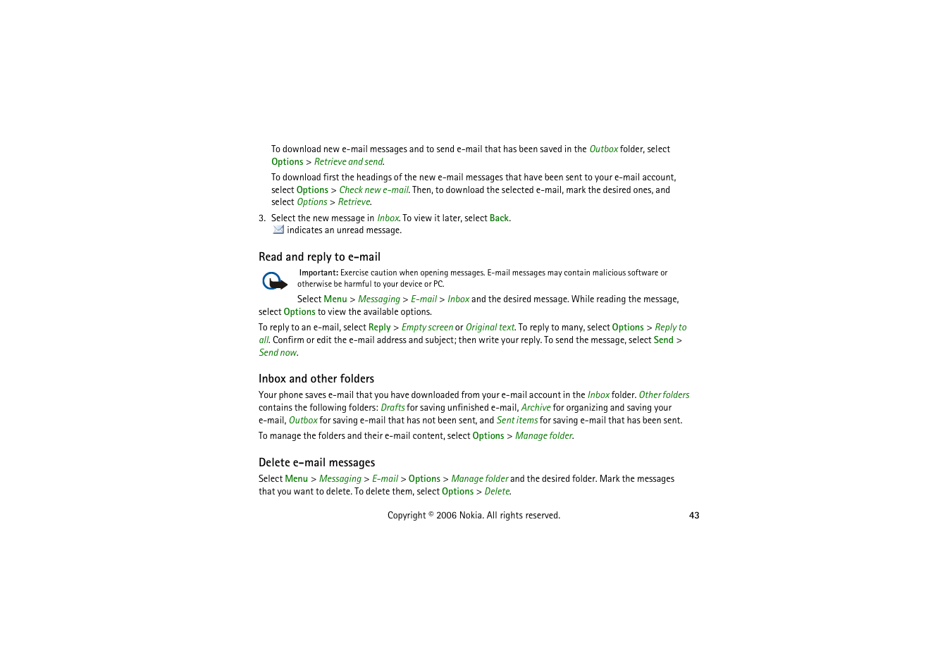 Read and reply to e-mail, Inbox and other folders, Delete e-mail messages | Nokia 5070 User Manual | Page 43 / 112