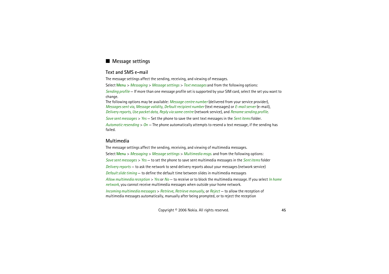 Message settings, Text and sms e-mail, Multimedia | Text, And sms e-mail, Sele | Nokia 5070 User Manual | Page 45 / 112