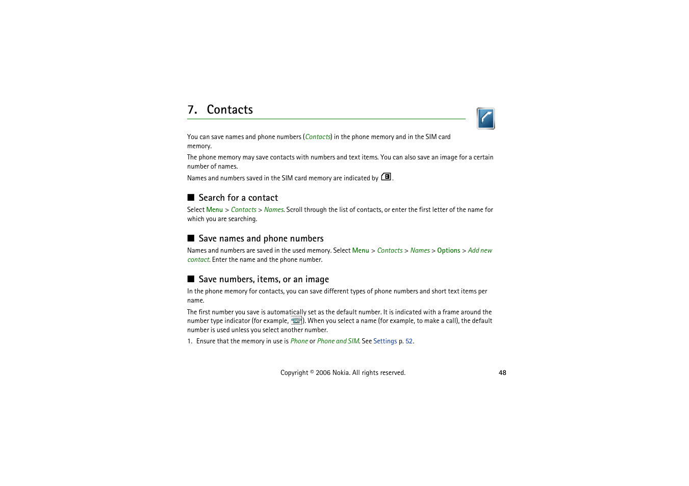 Contacts, Search for a contact, Save names and phone numbers | Save numbers, items, or an image | Nokia 5070 User Manual | Page 48 / 112