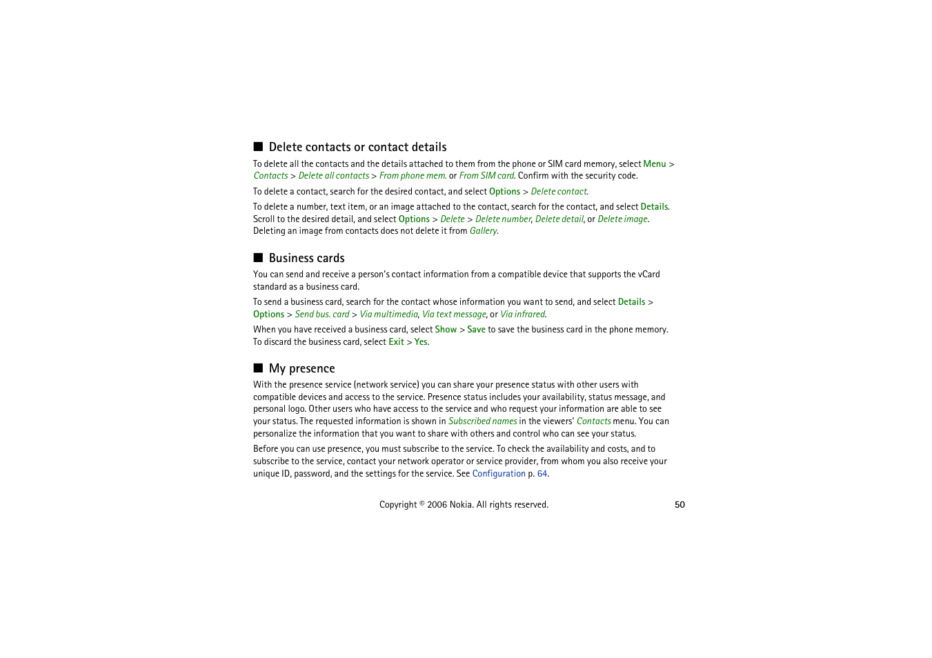 Delete contacts or contact details, Business cards, My presence | Nokia 5070 User Manual | Page 50 / 112