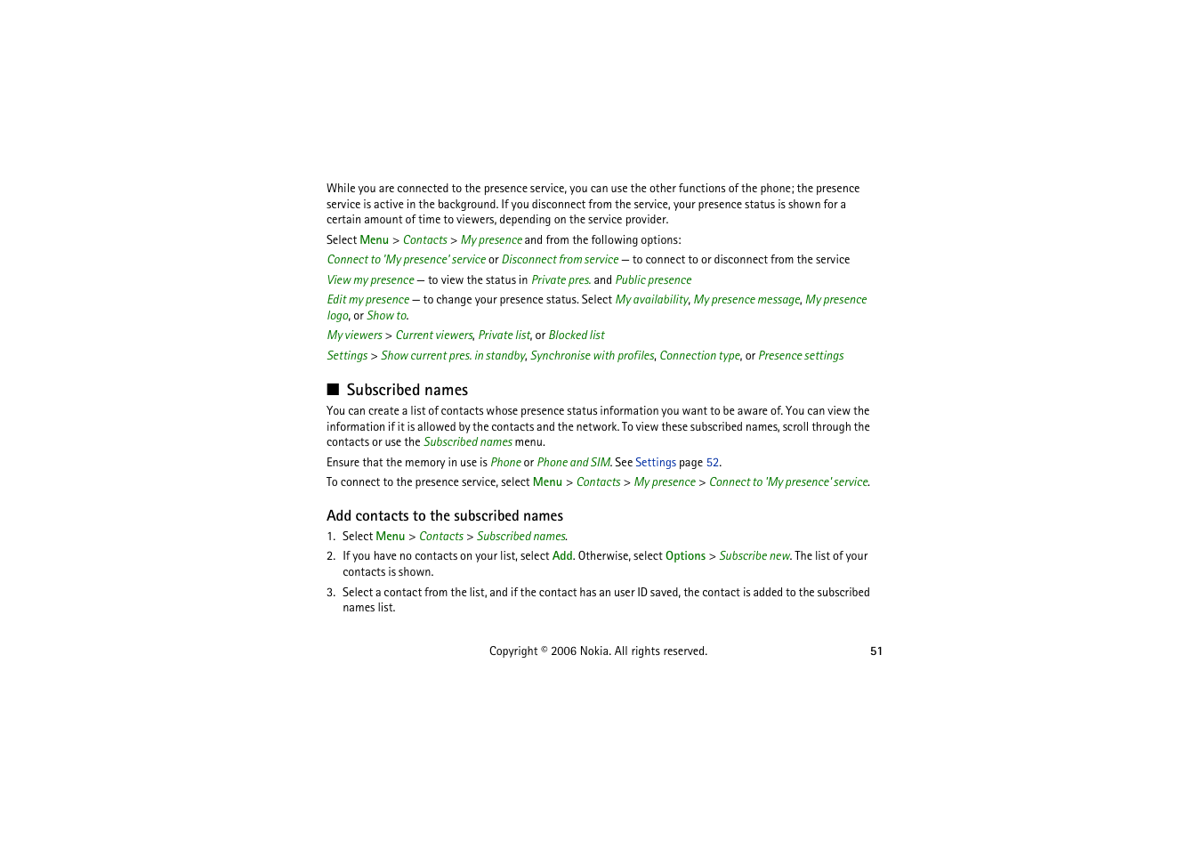 Subscribed names, Add contacts to the subscribed names | Nokia 5070 User Manual | Page 51 / 112