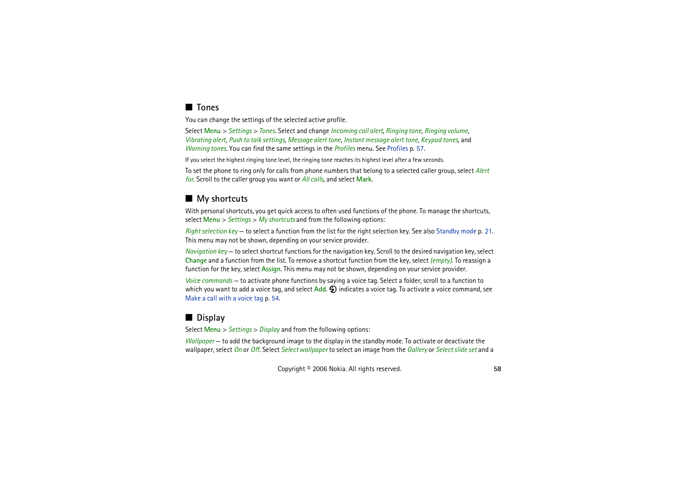 Tones, My shortcuts, Display | Tones my shortcuts display | Nokia 5070 User Manual | Page 58 / 112
