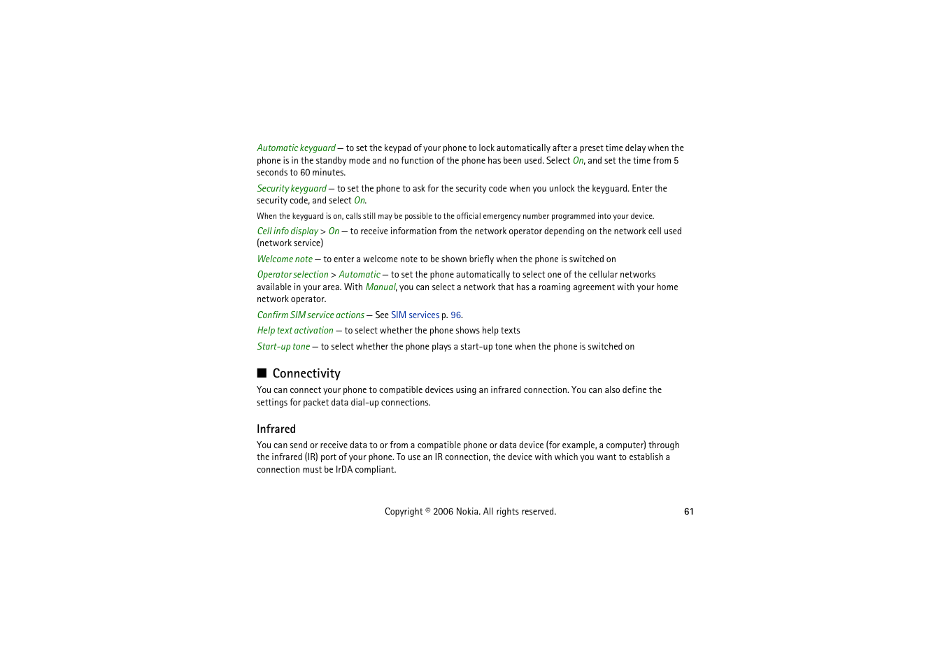 Connectivity, Infrared | Nokia 5070 User Manual | Page 61 / 112