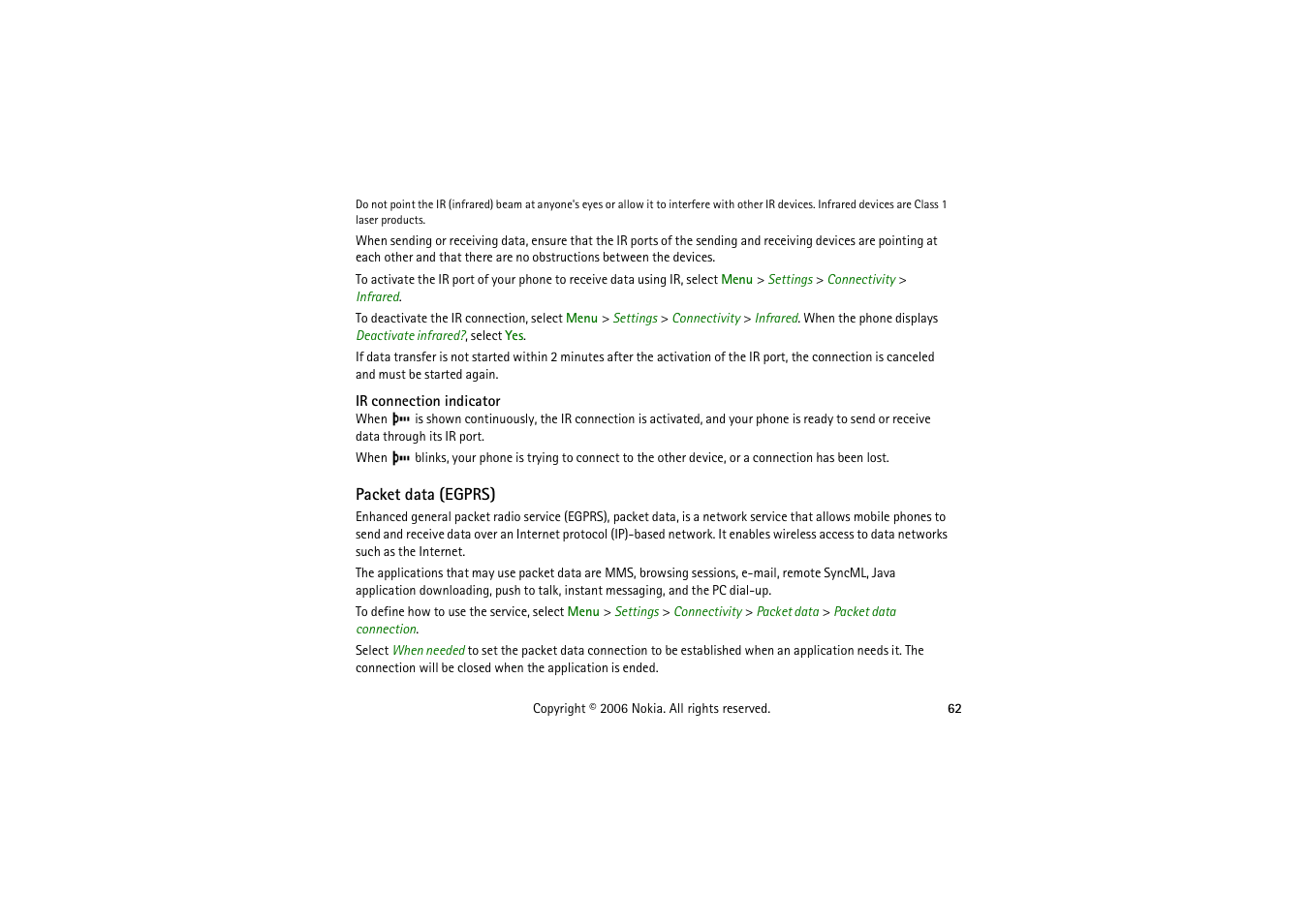Ir connection indicator, Packet data (egprs) | Nokia 5070 User Manual | Page 62 / 112