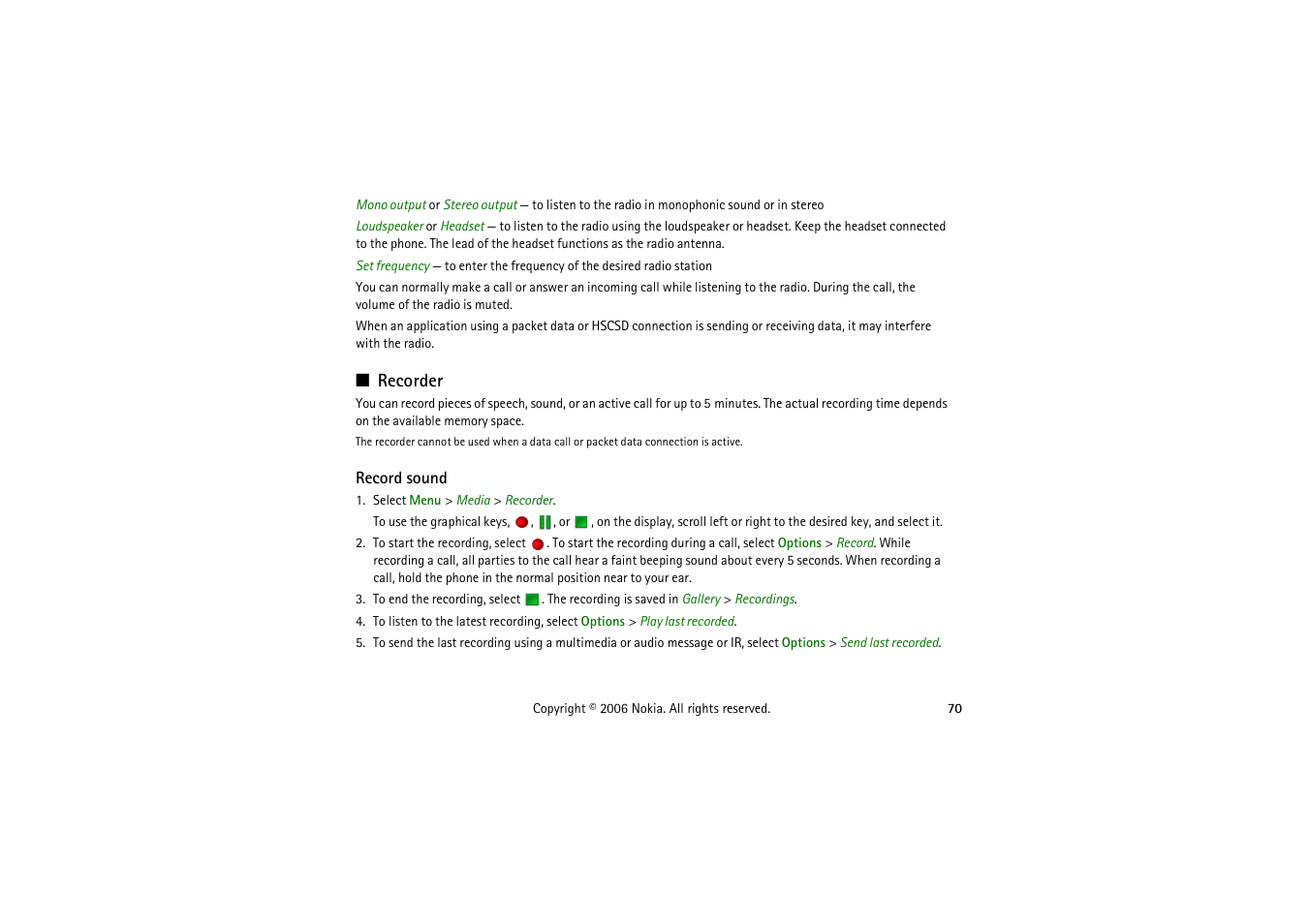 Recorder, Record sound | Nokia 5070 User Manual | Page 70 / 112