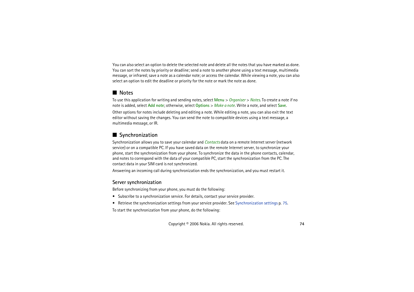 Notes, Synchronization, Server synchronization | Notes synchronization | Nokia 5070 User Manual | Page 74 / 112