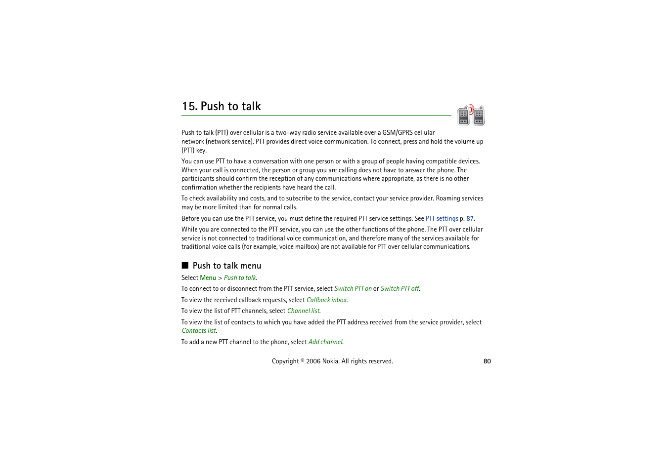 Push to talk, Push to talk menu | Nokia 5070 User Manual | Page 80 / 112