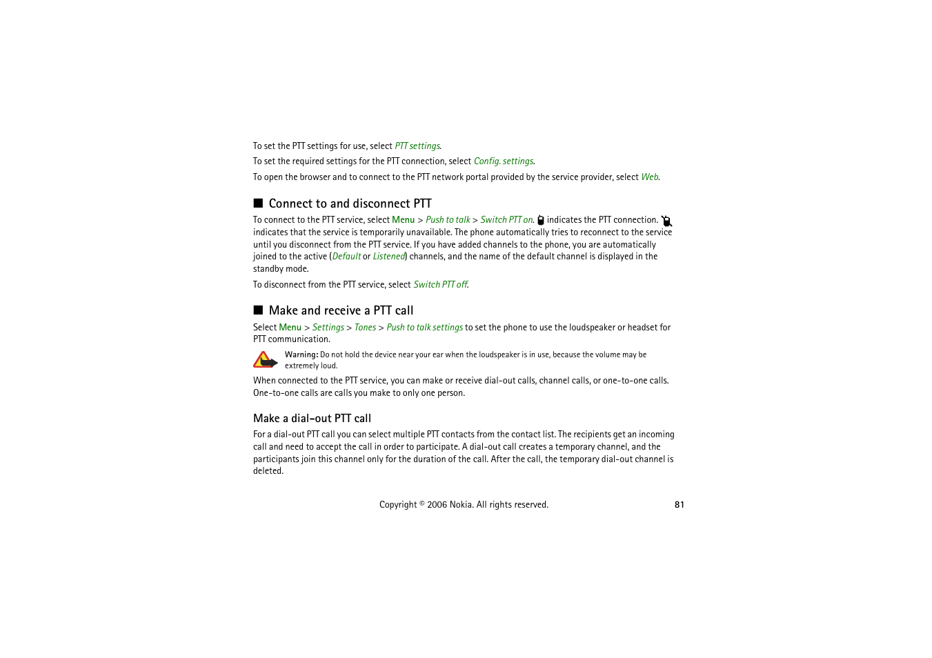 Connect to and disconnect ptt, Make and receive a ptt call, Make a dial-out ptt call | Nokia 5070 User Manual | Page 81 / 112