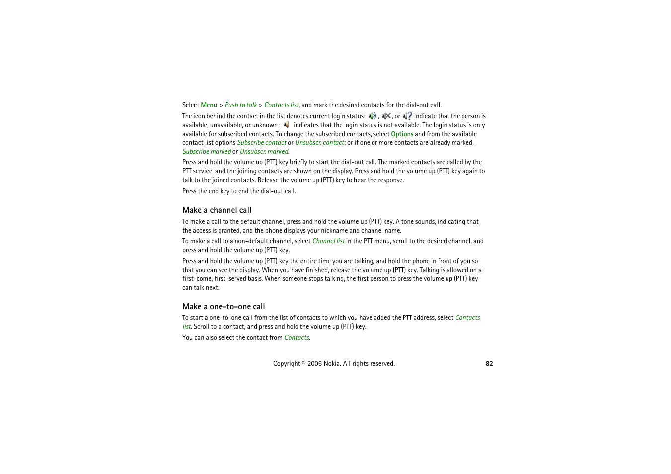 Make a channel call, Make a one-to-one call | Nokia 5070 User Manual | Page 82 / 112