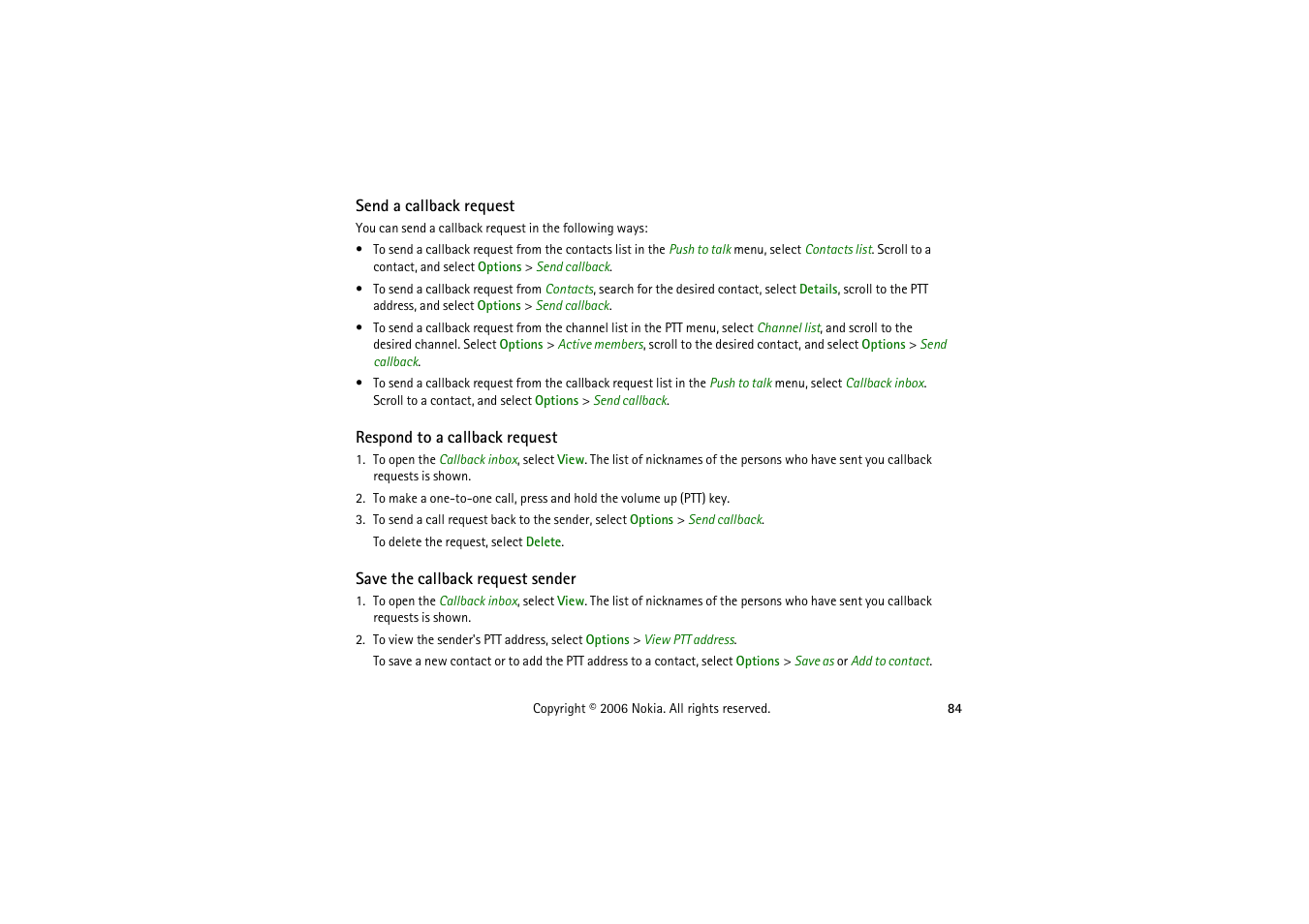 Send a callback request, Respond to a callback request, Save the callback request sender | Nokia 5070 User Manual | Page 84 / 112