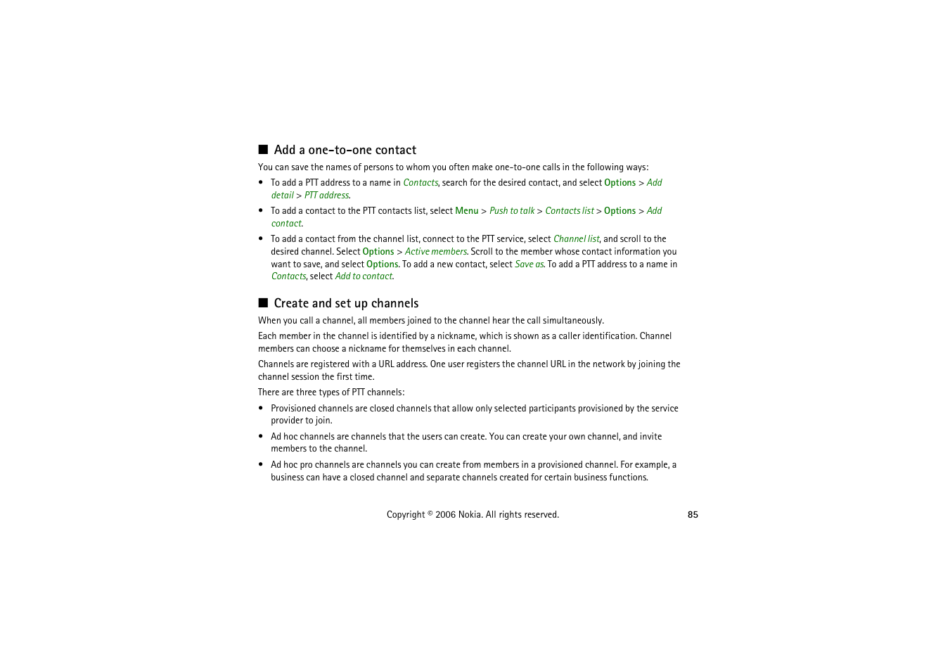 Add a one-to-one contact, Create and set up channels | Nokia 5070 User Manual | Page 85 / 112