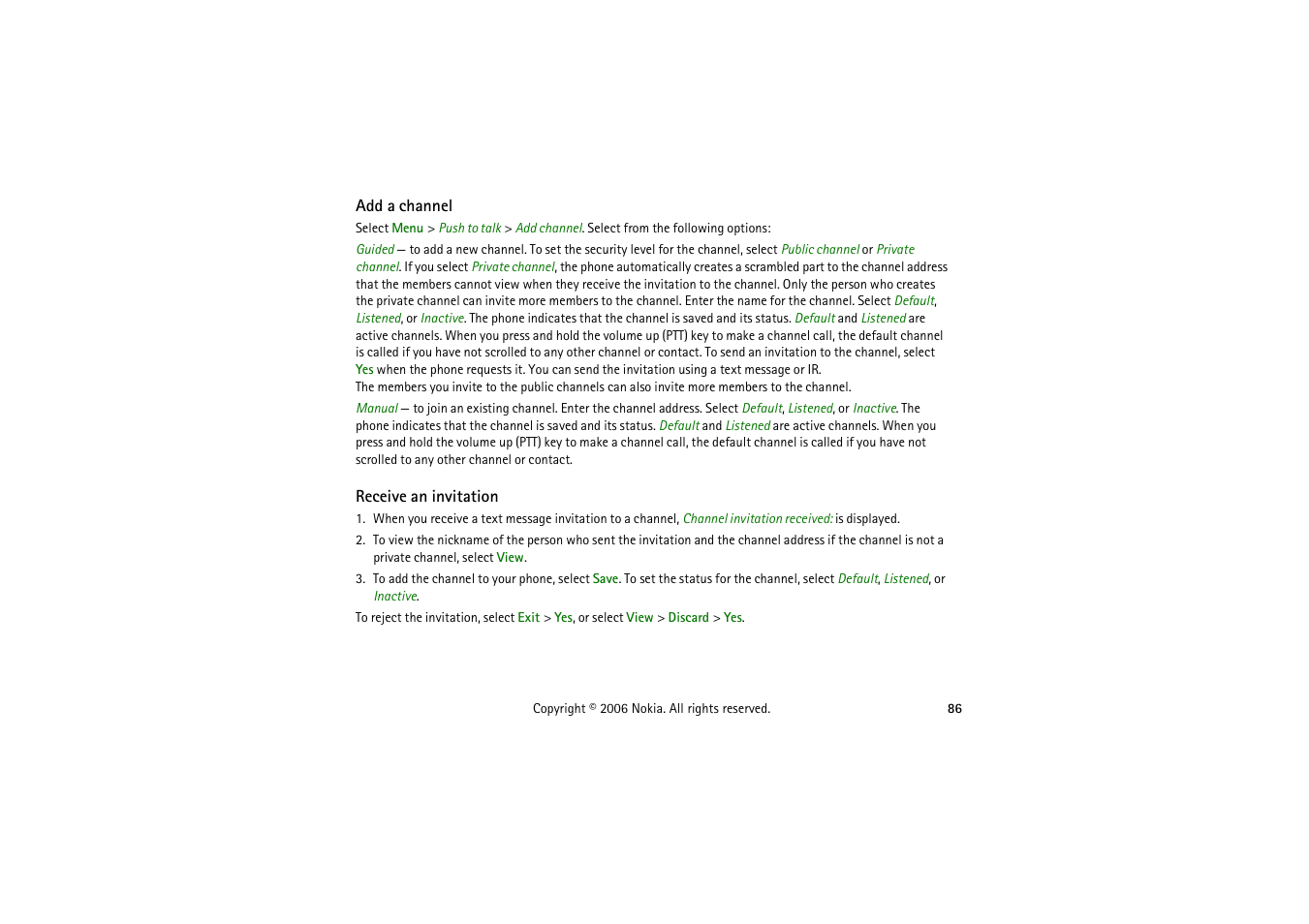 Add a channel, Receive an invitation | Nokia 5070 User Manual | Page 86 / 112